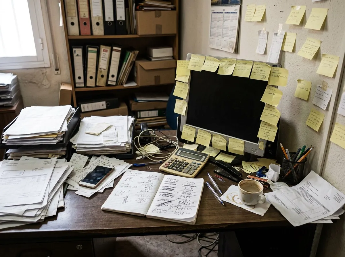 Escritorio desordenado con notas adhesivas en el monitor, facturas apiladas y una calculadora.