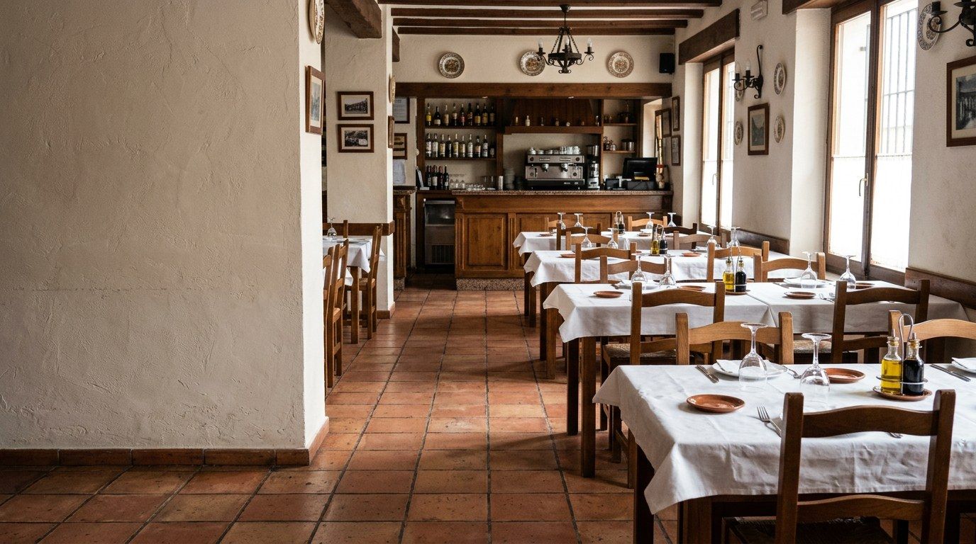 Comedor de un restaurante a mediodía con todas las mesas puestas y vacías.