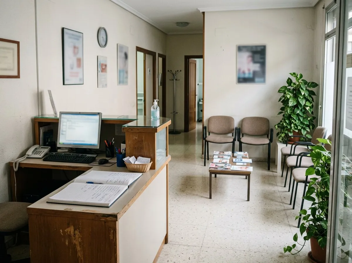 Recepción y sala de espera de una clínica dental pequeña, sin pacientes.