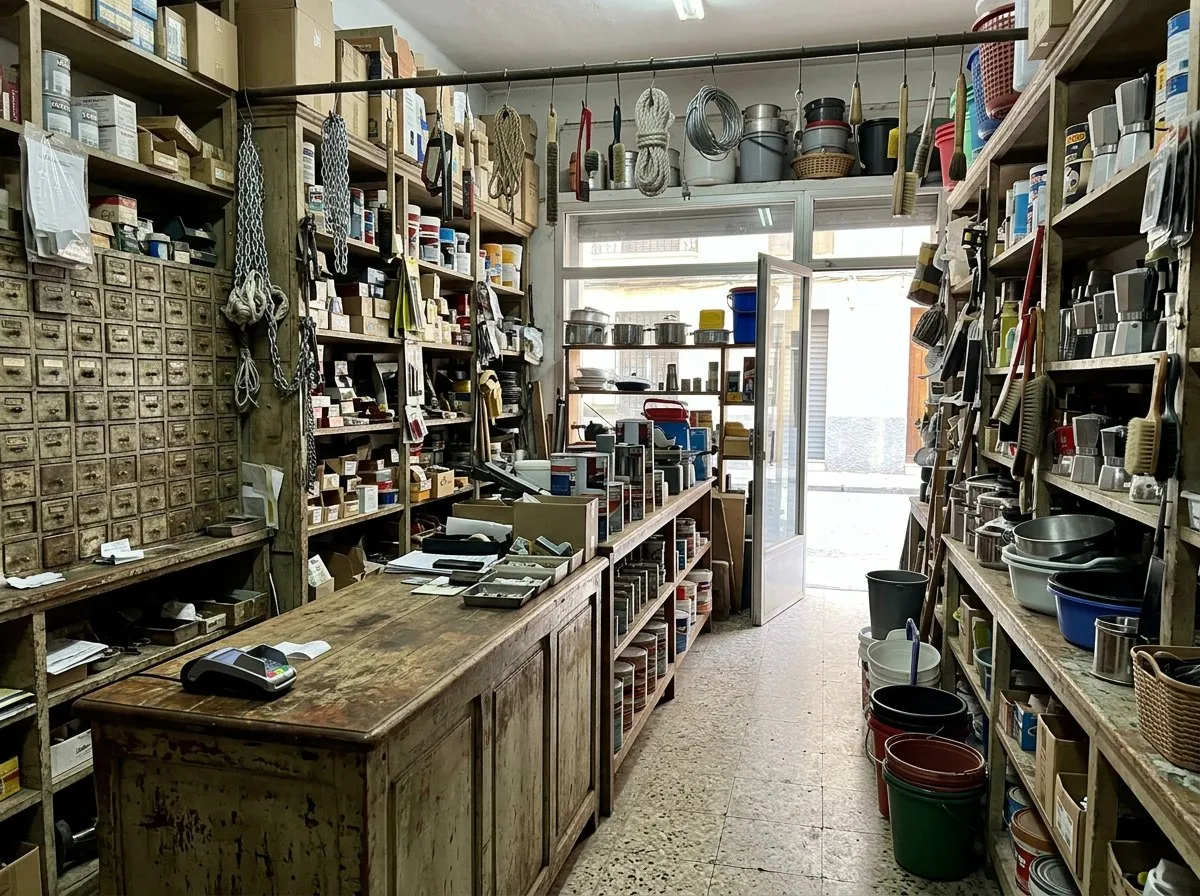 Mostrador de una ferretería de barrio con estanterías llenas de producto.
