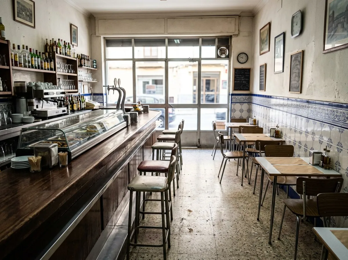 Bar-restaurante de barrio a mediodía, con la barra y las mesas vacías.