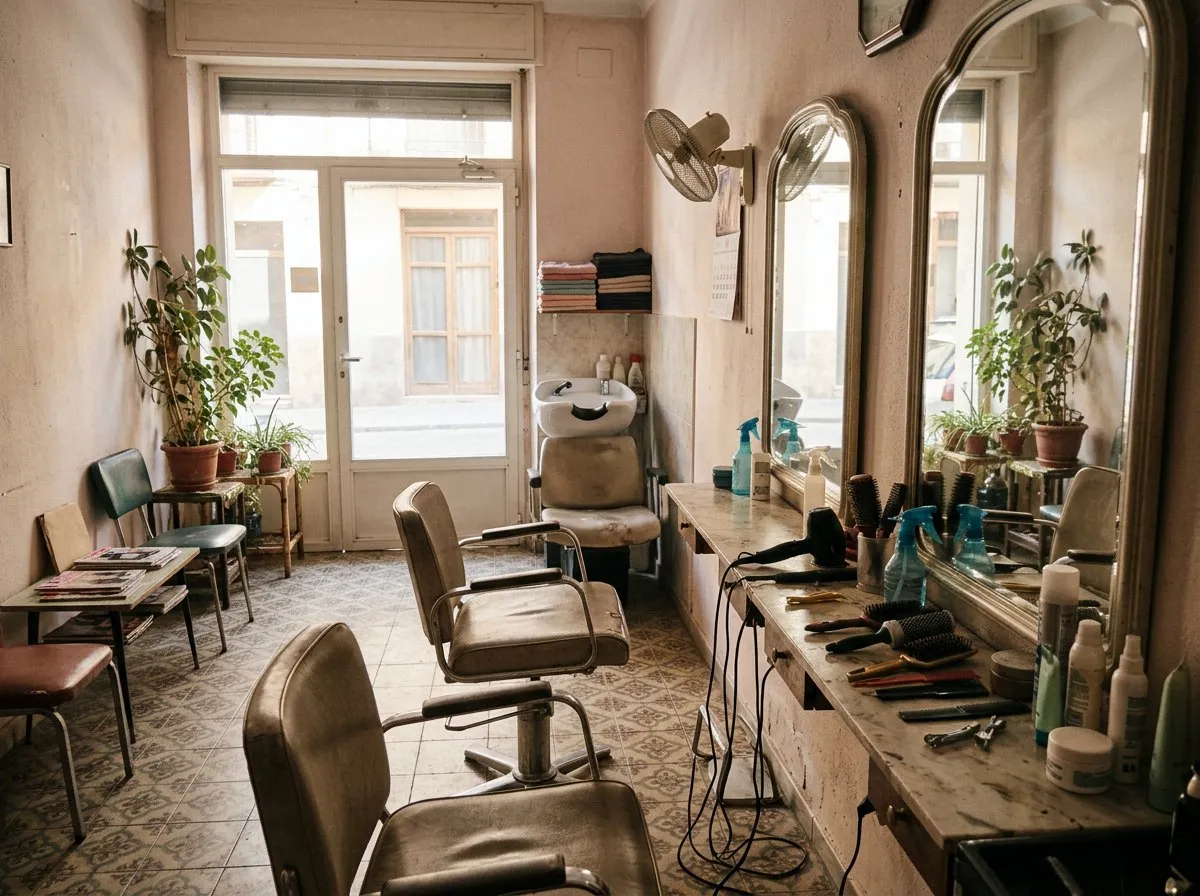 Peluquería de barrio con dos sillones vacíos frente a los espejos.